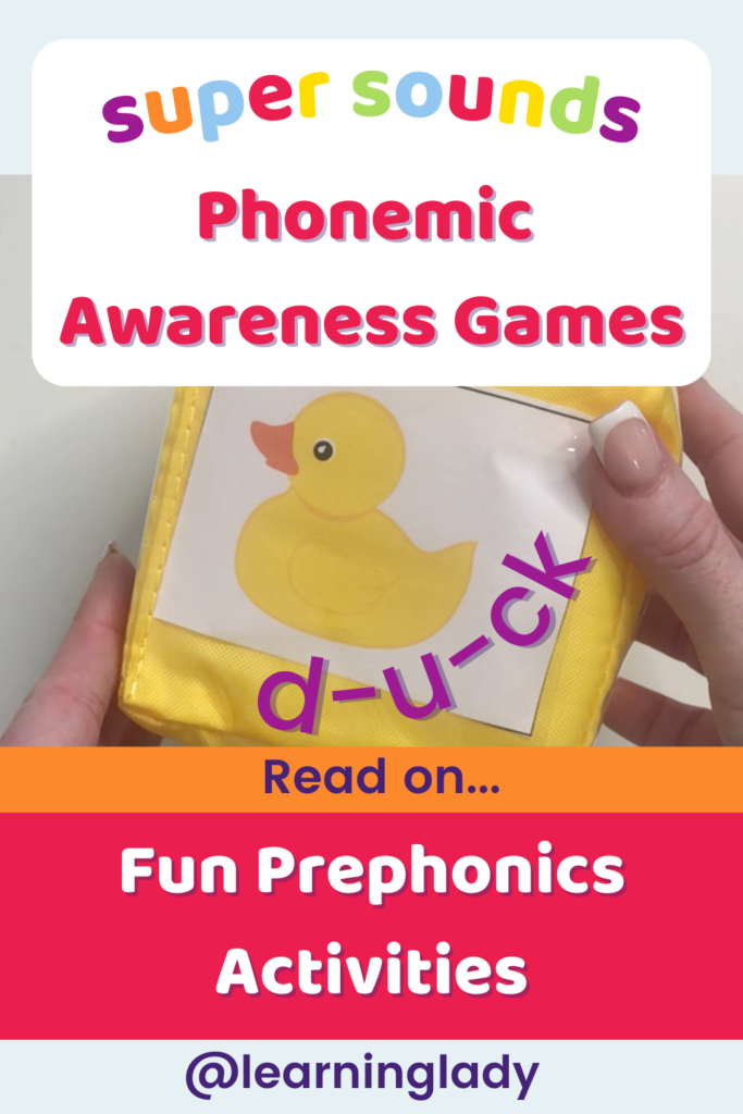 An image of a phonemic awareness game using a soft dice holding pictures of animals one side showing a duck with the word segmented into it's sounds.