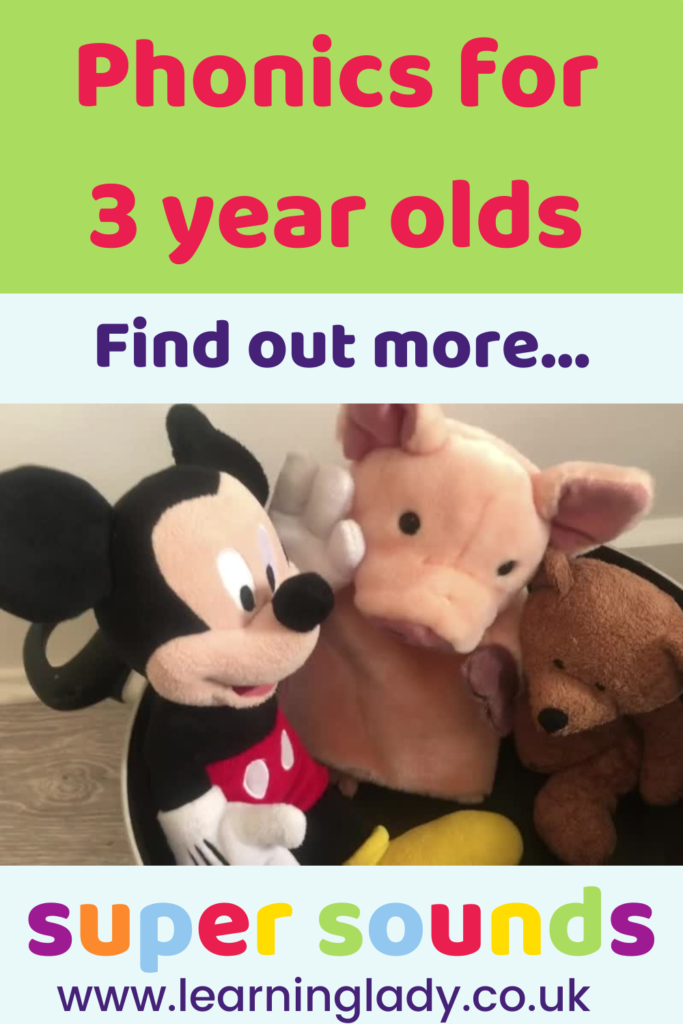 An image of a phonics game for 3 year olds containing a soft toy pink pig, a soft toy brown bear and a soft toy Mickey Mouse.