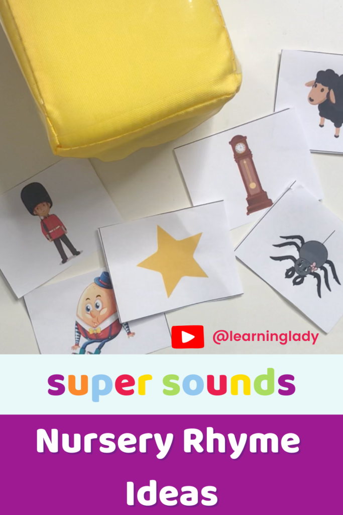 An image of some preschool activities including a large dice with images of nursery rhyme characters to play a game and illustrate good nursery rhyme ideas.