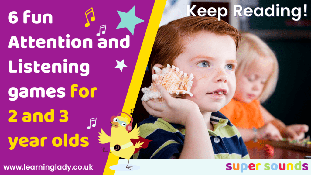 A preschool boy holds a shell to his ear as he joins in with simple attention and listening games