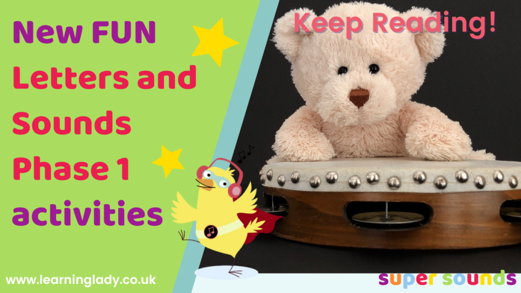 An image of a teddy bear and a tambourine to illustrate Letters and Sounds Phase 1 phonics activities