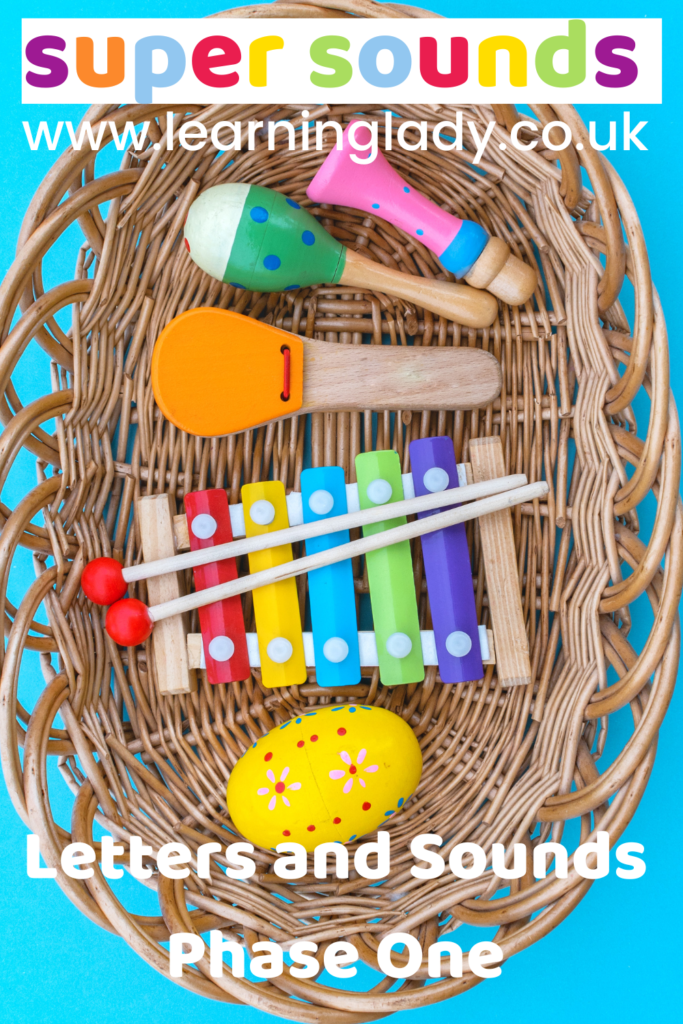 An image of a basket of musical instruments including maracas and a xylophone to illustrate letters and sounds phase one games