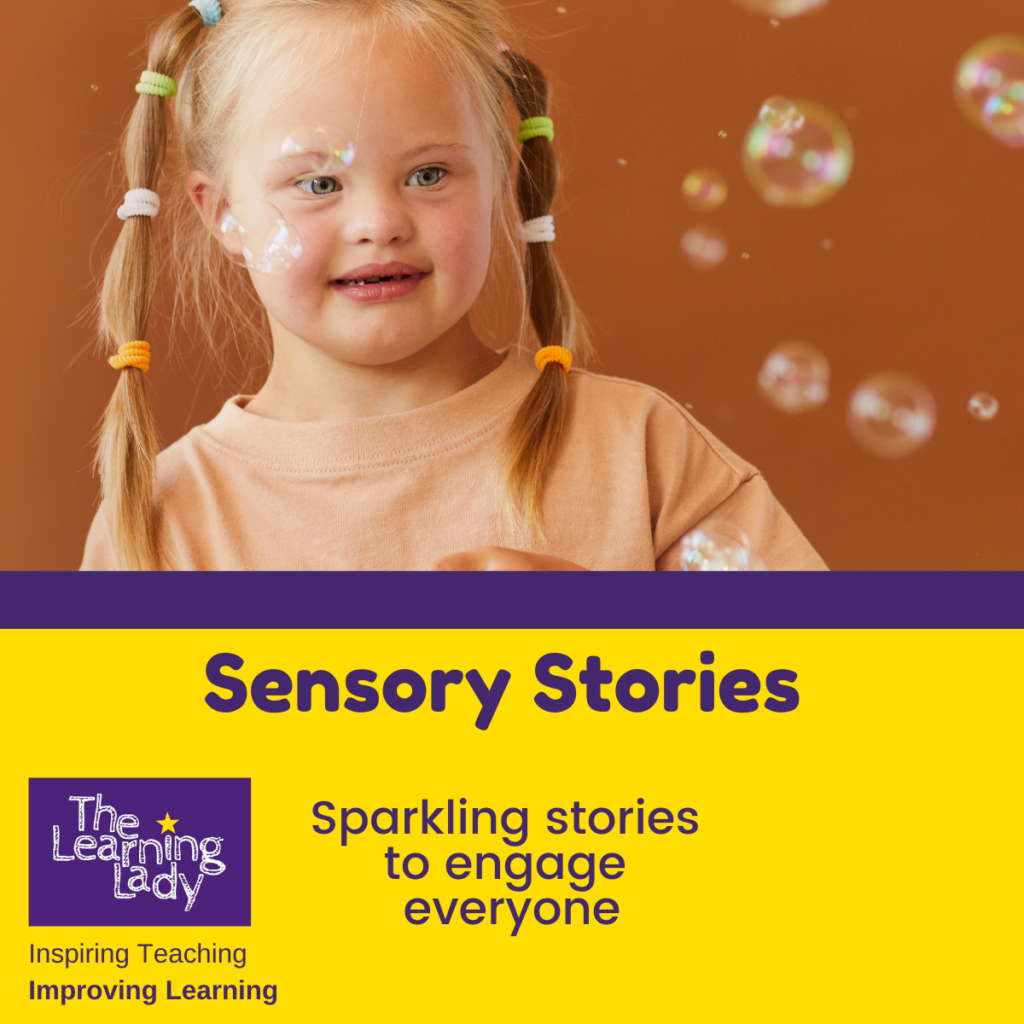 picturing a girl blowing bubbles to advertise the sensory stories special educational needs course