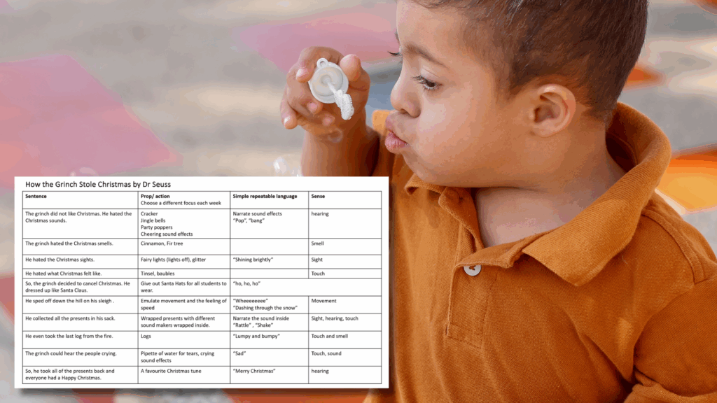 a boy with downs syndrome blows bubbles as part of the sesnory stories he's been practising following one of the special educational needs courses attended by his teacher