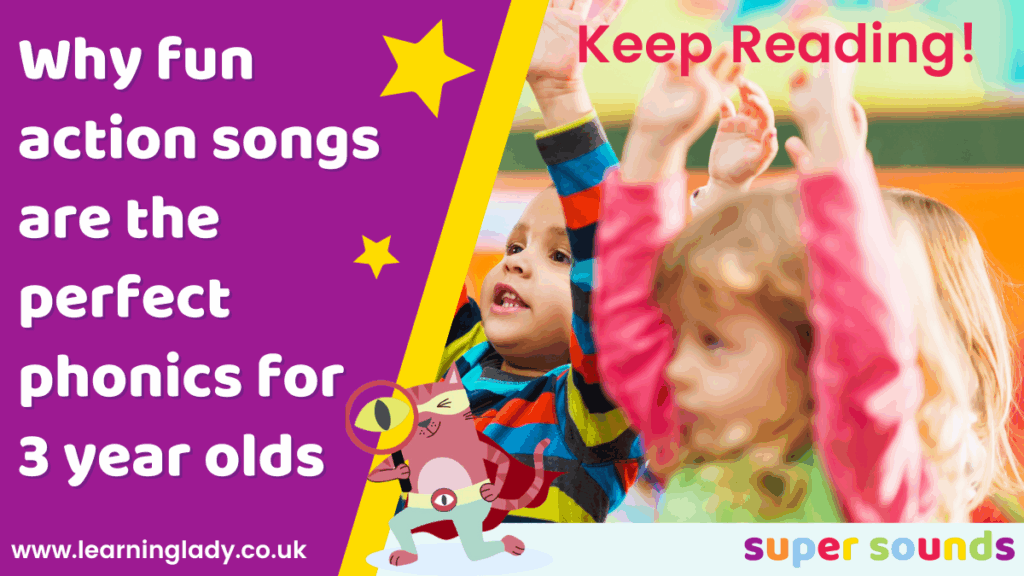An image for the blog why fun phonic songs are the perfect phonics for 3 year olds with preschoolers engaged in action songs and singing