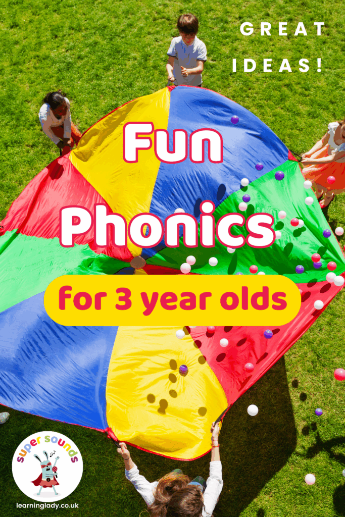 An image of preschoolers and a play parachute for fun phonics for 3 year olds